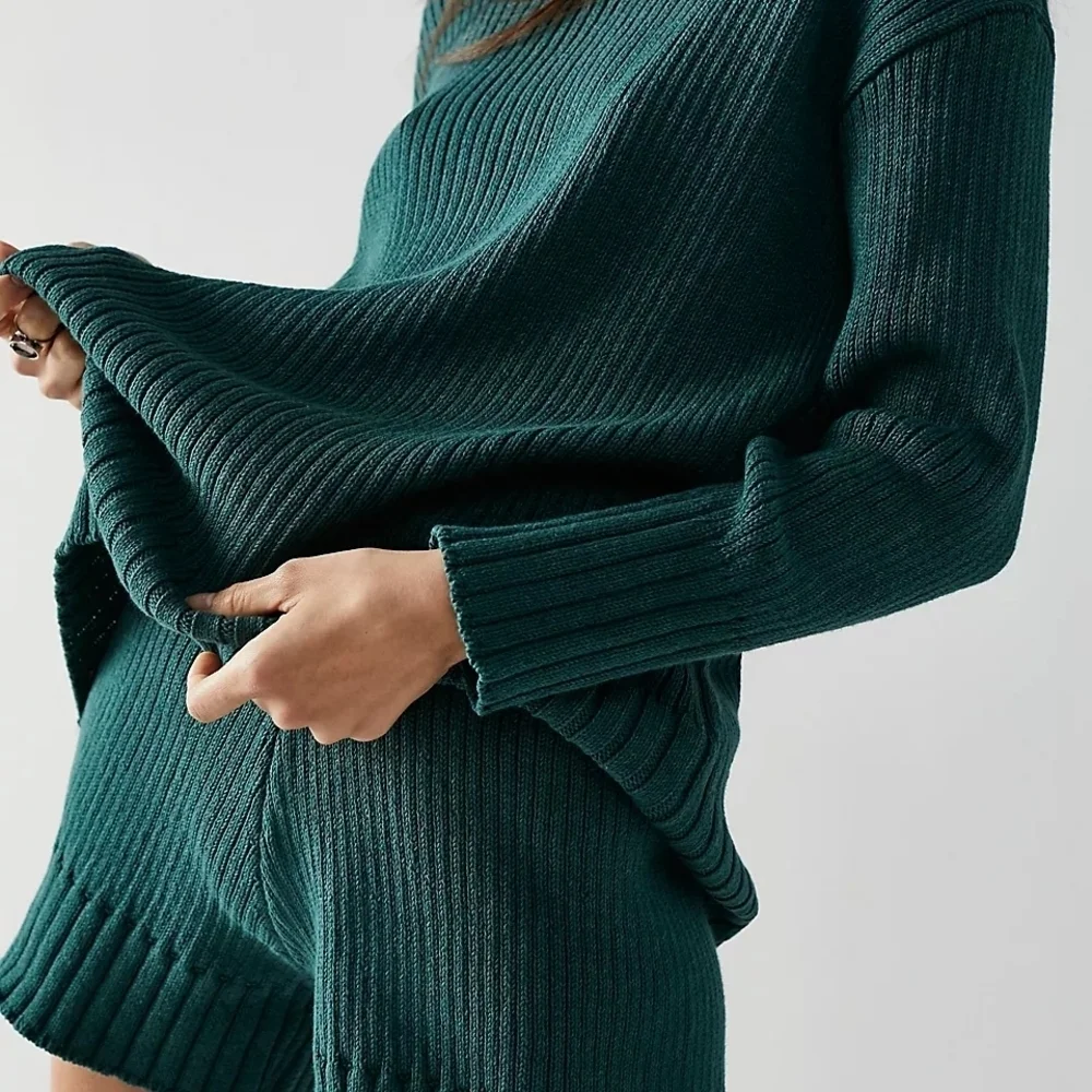 Free People Beach Trez Mock Neck Sweater Short Knit Set Oversized Green Size XS